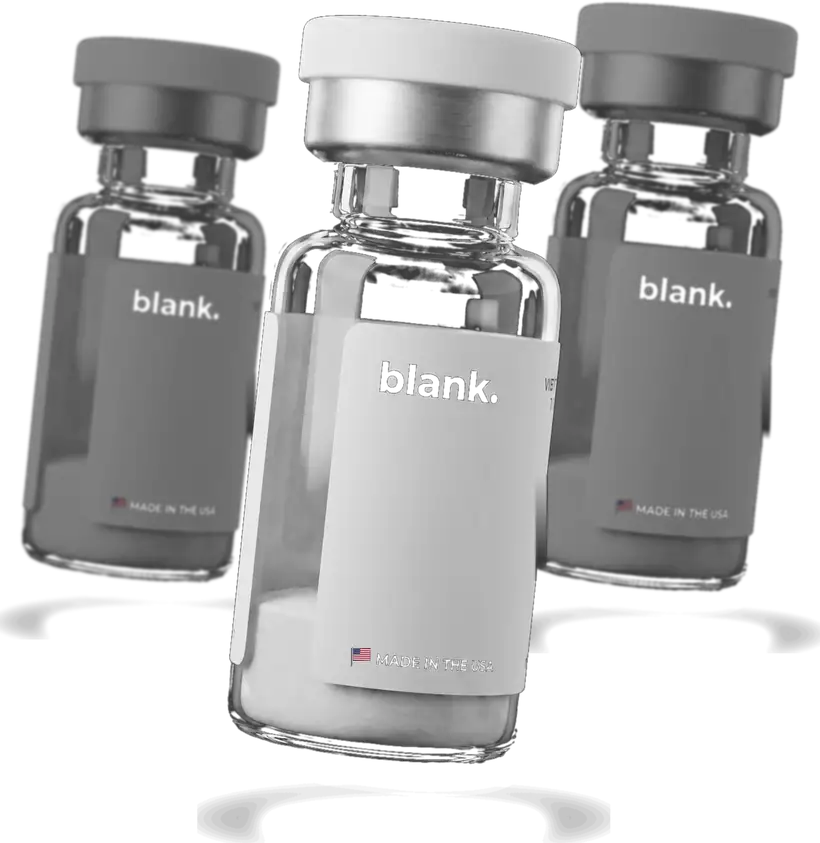 Three Blank Peptides research vials with blank white labels, white flip-off caps, silver crimps and Made in the USA flags